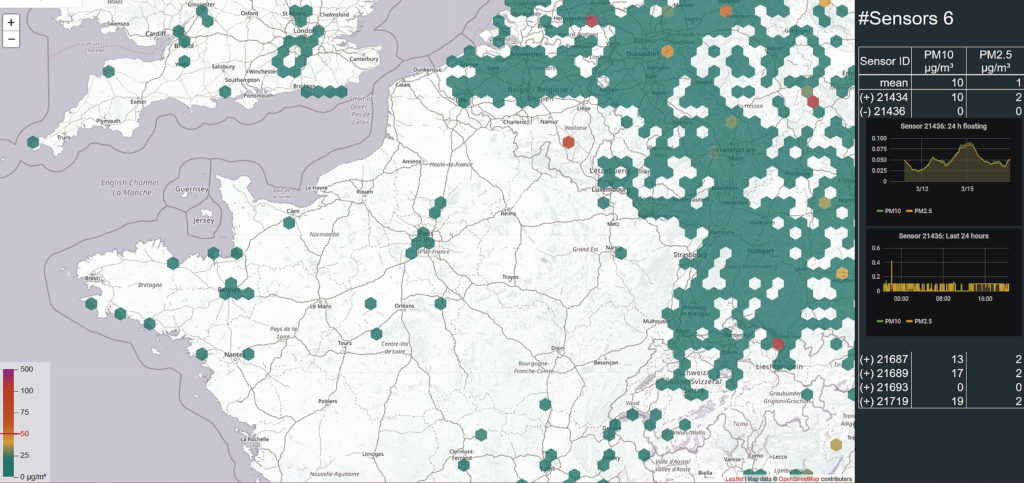 Extrait de la couverture des capteurs de particules en Europe